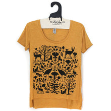 Load image into Gallery viewer, Gold Mustard Scoop Hi Lo Tee with Folk Print