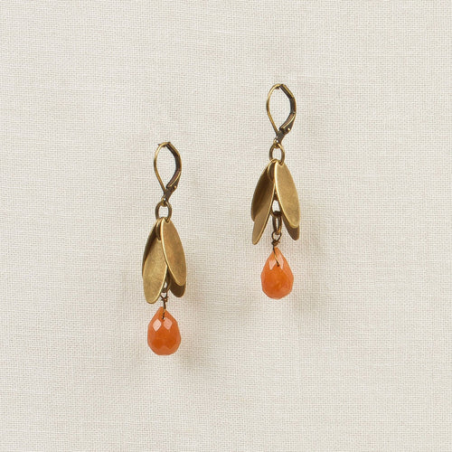 Metal Leaves with Stone Drop Earrings - Red Agate