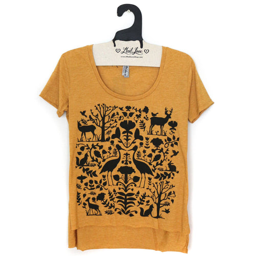 Gold Mustard Scoop Hi Lo Tee with Folk Print