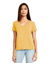 Load image into Gallery viewer, Gold Mustard Scoop Hi Lo Tee with Folk Print