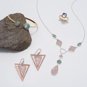 Sterling Silver Aquamarine and Rose Quartz Drop Necklace