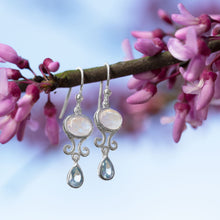 Load image into Gallery viewer, Rainbow Moonstone and Blue Topaz Drop Earrings