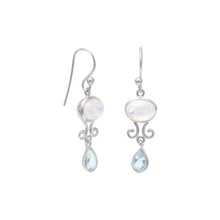 Load image into Gallery viewer, Rainbow Moonstone and Blue Topaz Drop Earrings