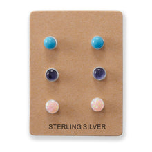 Load image into Gallery viewer, Set of 3 Synthetic Pink Opal, Reconstituted Turquoise, and Iolite Button Studs