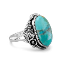 Load image into Gallery viewer, Oval Reconstituted Turquoise Floral Design Ring