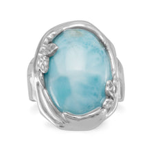 Load image into Gallery viewer, Rhodium Plated Larimar Ring with Leaf Design
