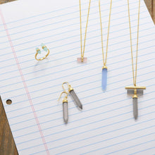 Load image into Gallery viewer, 14 Karat Gold Plated Spike Pencil Cut Gray Moonstone Earrings