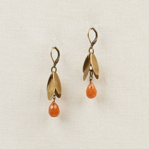 Metal Leaves with Stone Drop Earrings - Red Agate