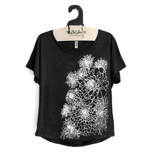 Black Dolman Top with Chrysanthemums Print