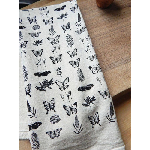 Butterflies Kitchen Towel, Tea Towel -Black